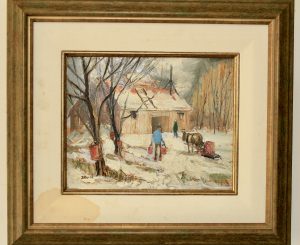 BEAU TABLEAU D’UNE SCÈNE DE CABANE A SUCRE PEINT PAR SIDNEY BERNE (8X10)